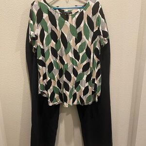 PERFECT WORK SET Alfani Green & Black Leaf Top, Black Lands' End Knit Trouser